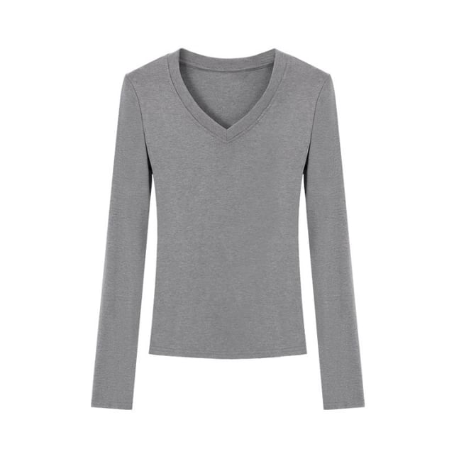 Long-Sleeve V-Neck Plain T-Shirt