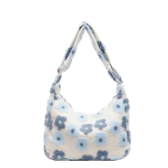 Floral Faux Shearling Tote Bag