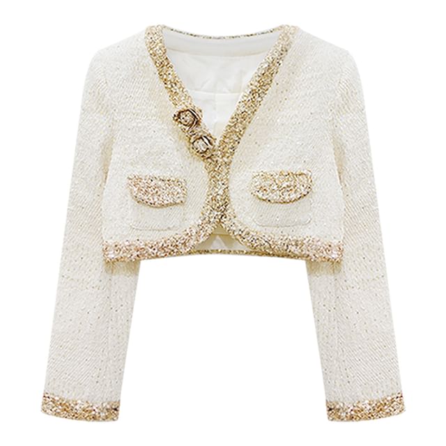 Set: Spaghetti Strap Glitter Tweed Mini A-Line Dress + Flower Crop Cardigan