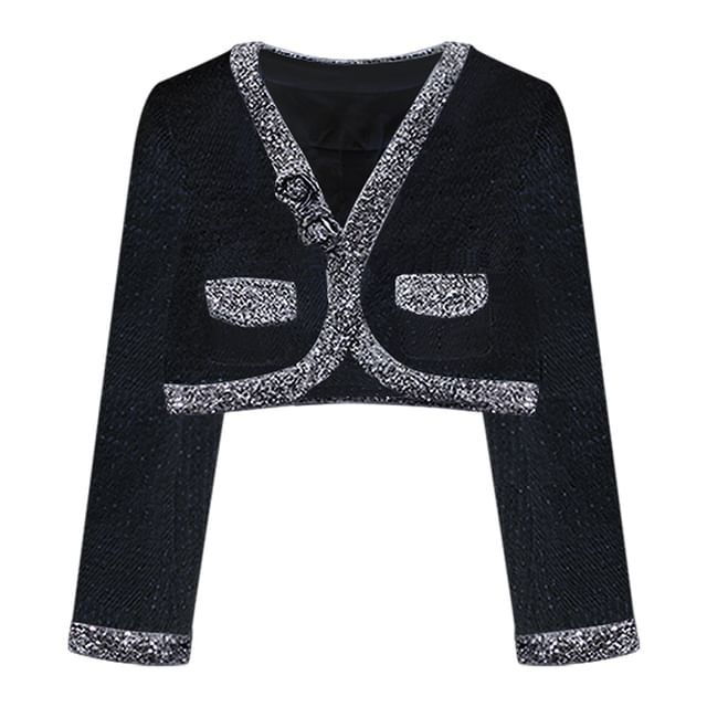 Set: Spaghetti Strap Glitter Tweed Mini A-Line Dress + Flower Crop Cardigan