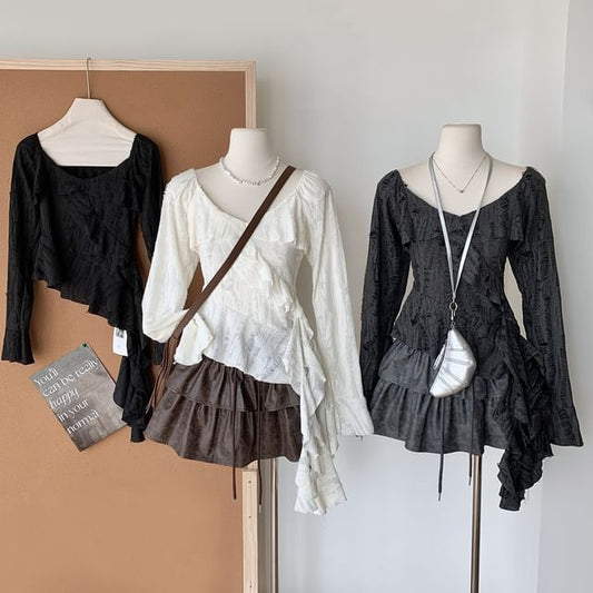 Trim Plain Top Scoop Ruffle Asymmetrical Neck Long-Sleeve