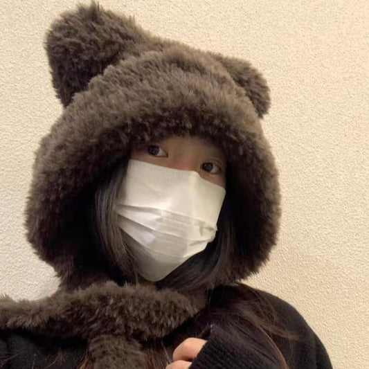 Plain Ribbed Ear Bear Beanie Fluffy Hat /