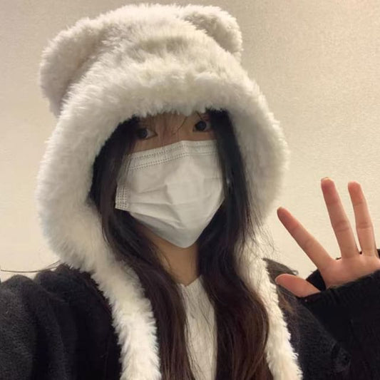 Hat / Bear Plain Ear Beanie Fluffy Ribbed