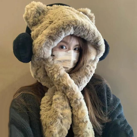 Scarf Ribbed Bear Hooded Beanie / Fluffy Ear