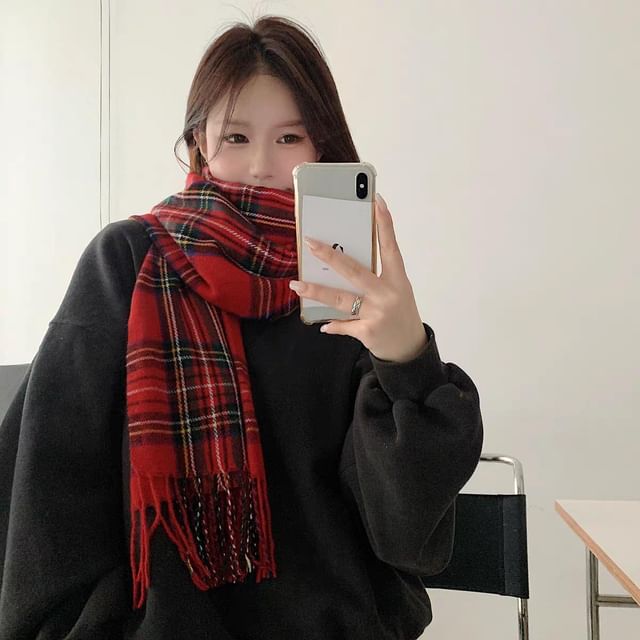 Lettering Embroidered Plaid / Plain Scarf