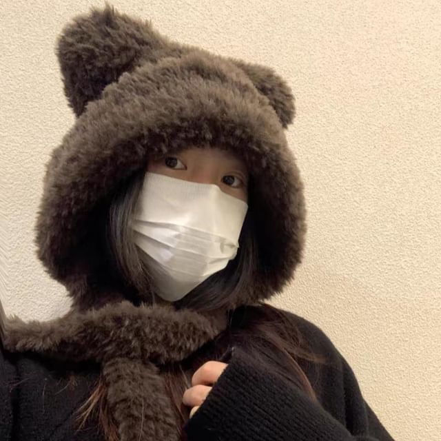 Hat / Bear Plain Ear Beanie Fluffy Ribbed