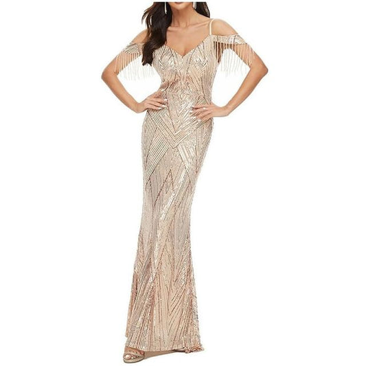 Trumpet Beaded Cold-Shoulder Sequin Gown Evening