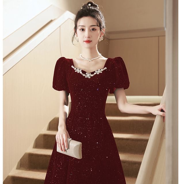Puff-Sleeve A-Line Rhinestone Evening Sequin Gown