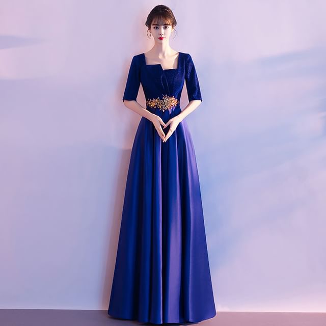 Elbow-Sleeve Gown Evening Square Neck A-Line Embroidered