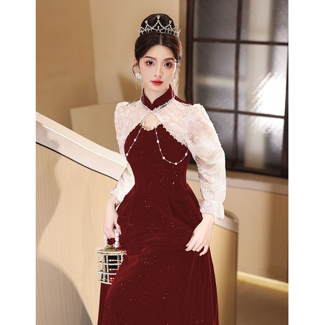 Gown Two Embroidered Flower Neck Evening Mock A-Line Tone Puff-Sleeve Glitter
