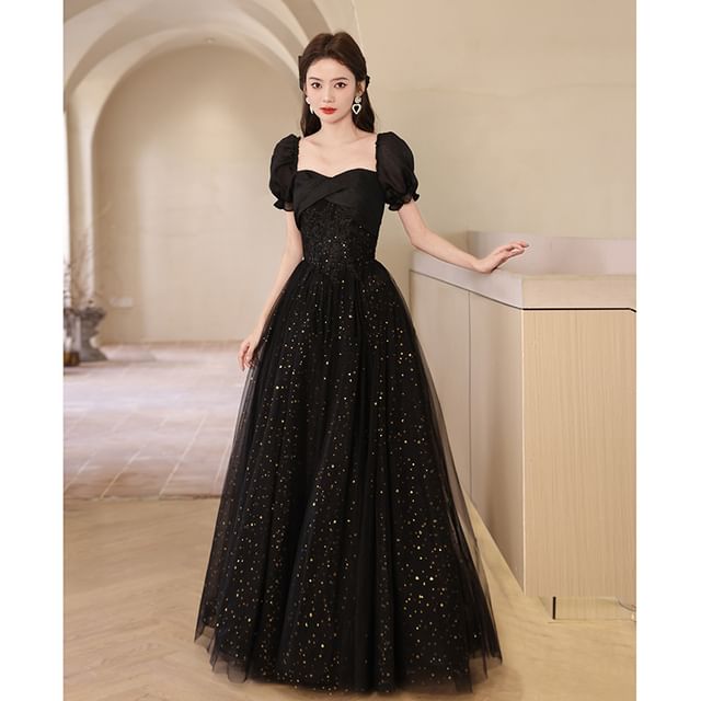 A-Line Gown Evening Sequin Puff-Sleeve