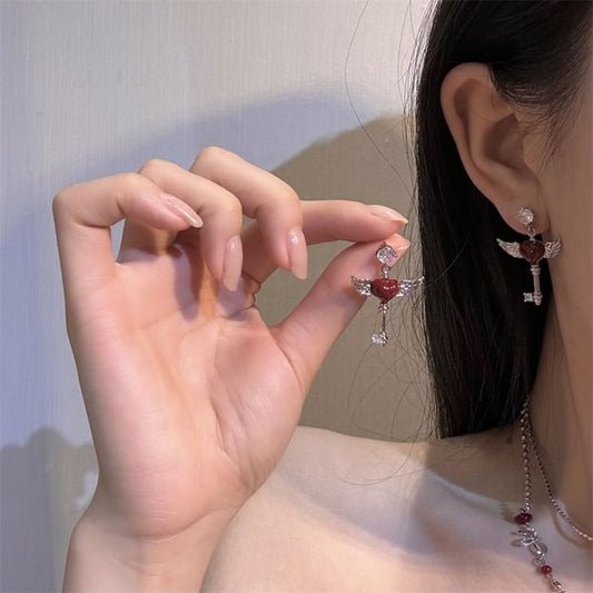 Wing Heart Key Layered Necklace / Drop Earring