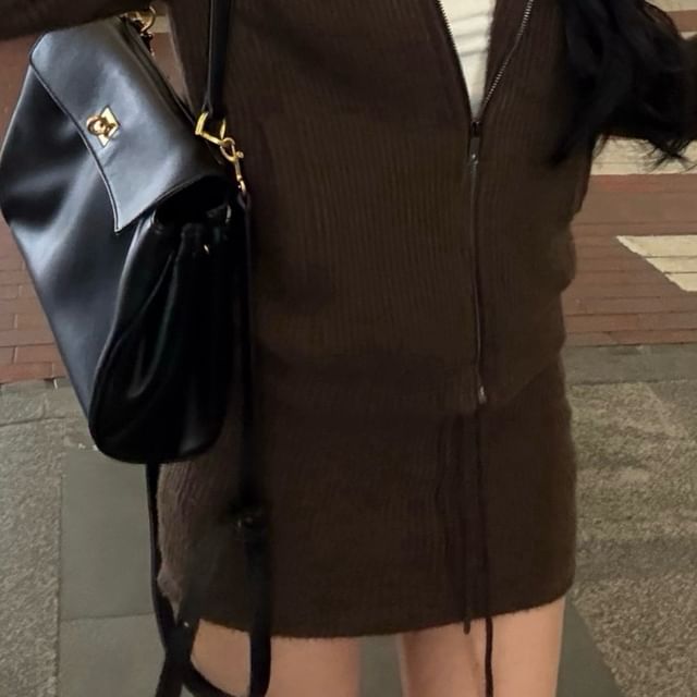 Mini Skirt Fluffy Zip-Up Drawstring Hoodie / Knit Waist Pencil Plain Trim