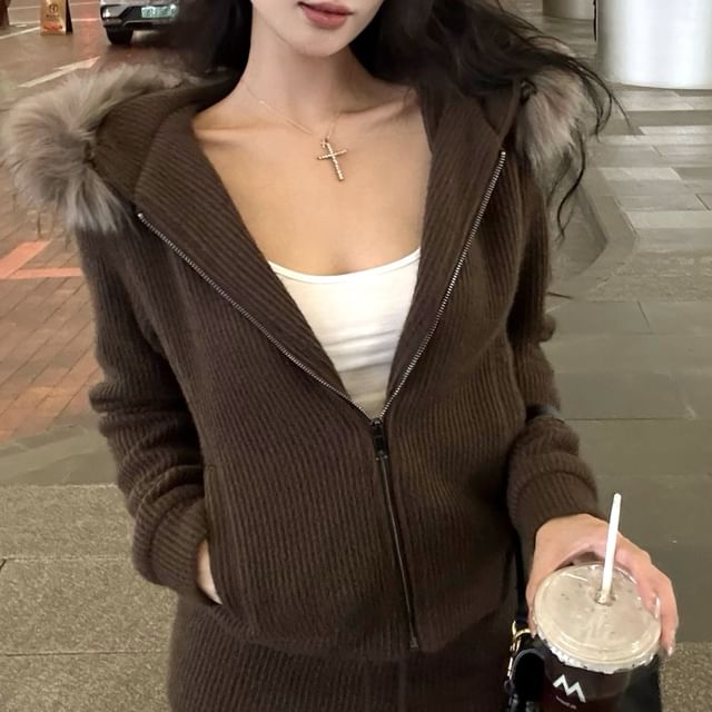 Mini Skirt Fluffy Zip-Up Drawstring Hoodie / Knit Waist Pencil Plain Trim