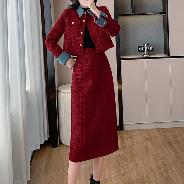 Set: Denim Collar Tweed Button-Up Jacket + High Rise Midi A-Line Skirt