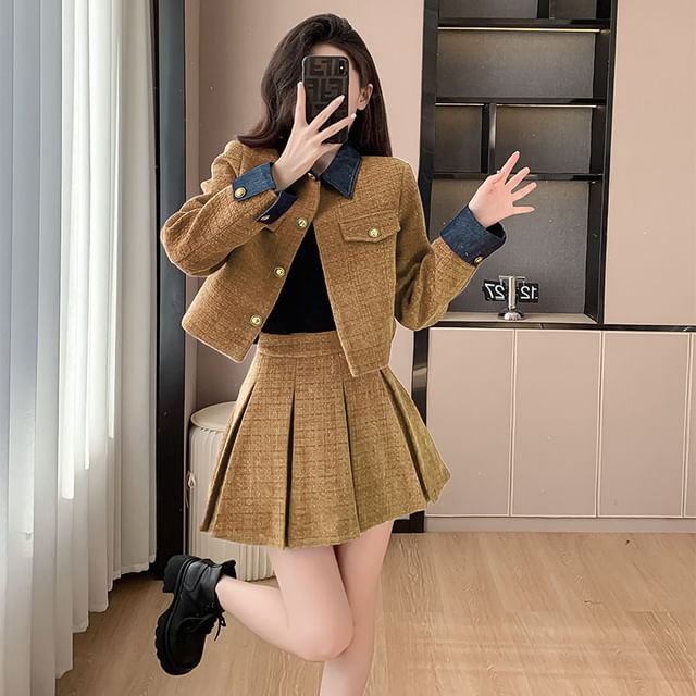 Set: Denim Collar Tweed Button-Up Jacket + High Waist Pleated Mini A-Line Skirt