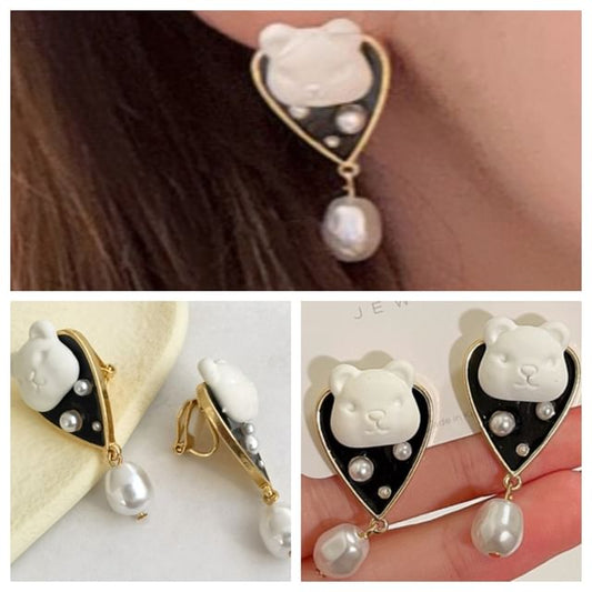 Earring Alloy Bear Drop Faux Pearl