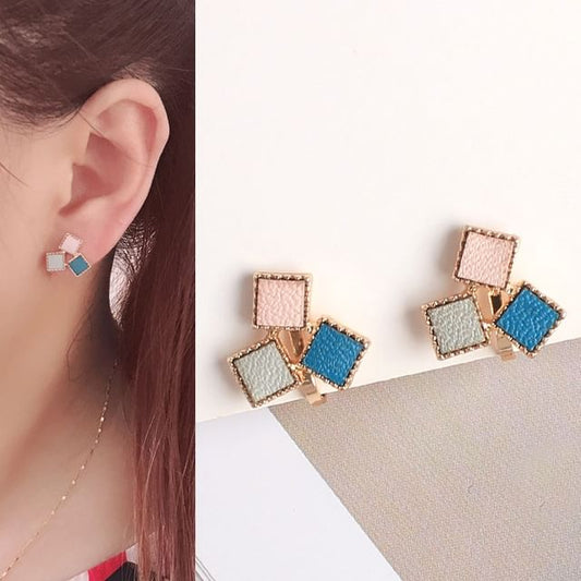 Square Leather Earring Faux Alloy Stud
