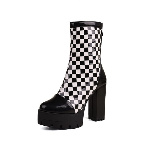 Short Boots Heel Checkerboard Block