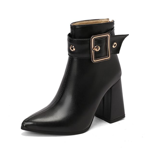 buckled Short Pointed Heel Block Boots