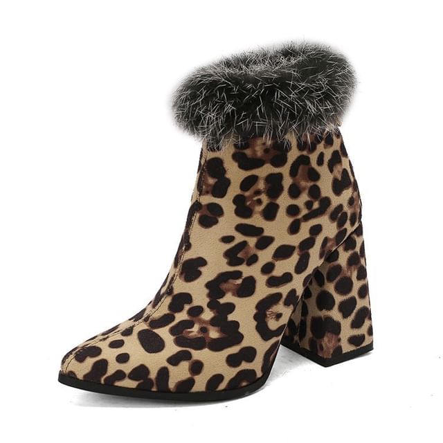 Short Trim Boots Heel Furry Leopard Print Block