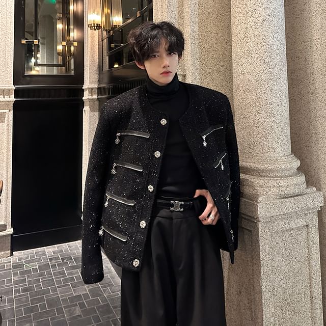 Long Sleeve Round Neck Embellished Tweed Jacket