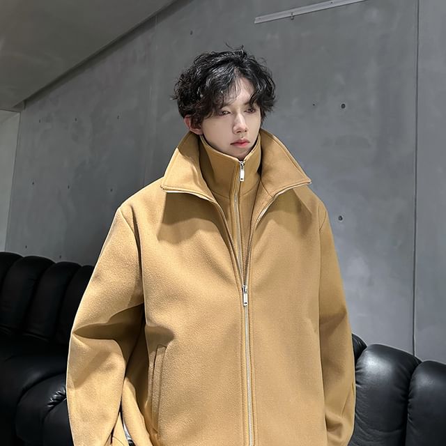 Long Sleeve Stand Collar Zip Up Wool Coat