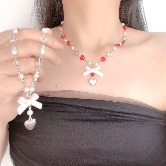 Necklace Heart Pearl Bow Faux