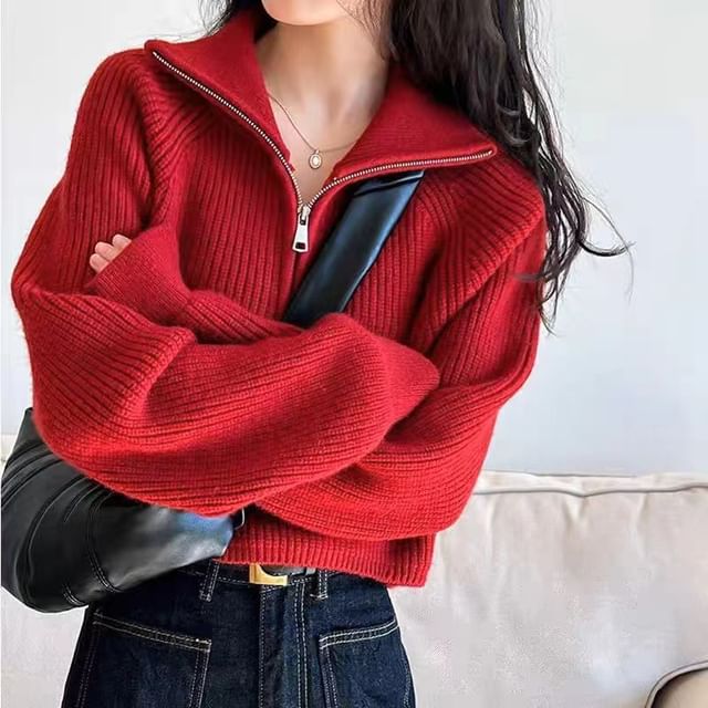 Turtleneck Half-Zip Cropped Pullover Sweater