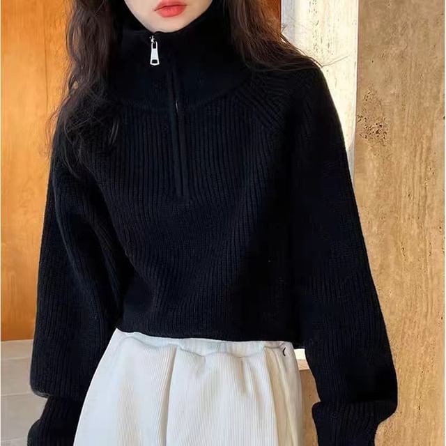 Turtleneck Half-Zip Cropped Pullover Sweater
