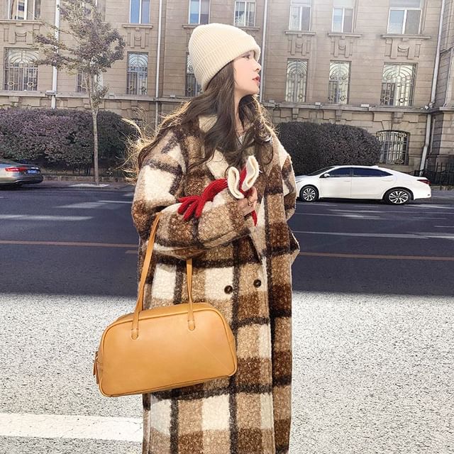 Lapel Collar Plaid Double-Breasted Long Coat