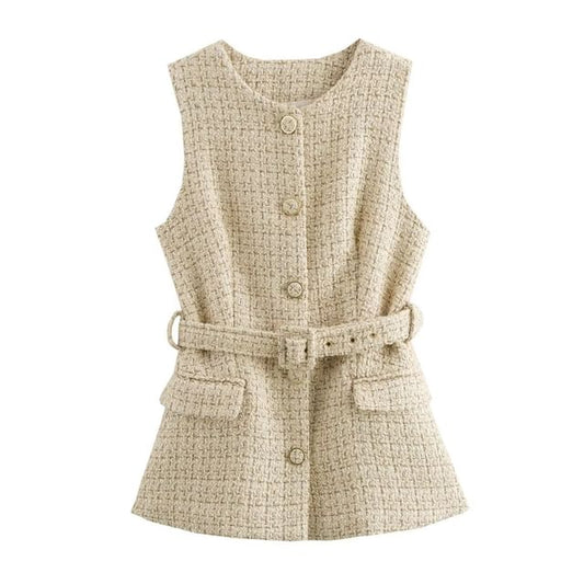Round Neck Tweed Belted Button Vest
