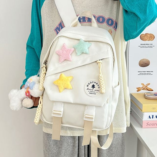 Lettering Applique Nylon Laptop Backpack / Star Badge / Bag Charm / Set
