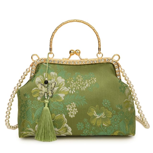 Faux Pearl Strap Kiss Lock Floral Embroidered Tassel Crossbody Bag