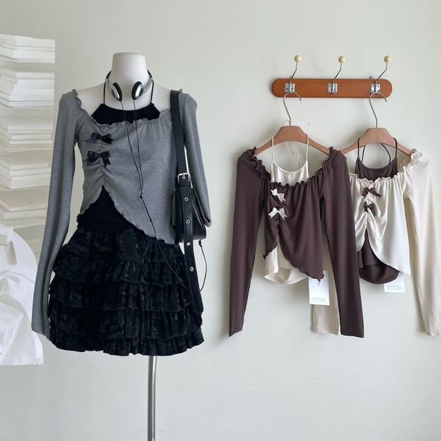 Crop A-Line Top / Neck Square Mini Asymmetrical Long-Sleeve Set Halter Skirt