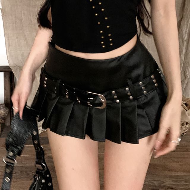 Top A-Line Belted Rise Leather Skirt Studded Mid Mini Halter / Plain Pleated Faux