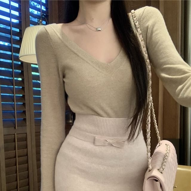 Plain Sleeve Top Skirt Knit V-Neck High Long Rise Pencil Maxi / Bow