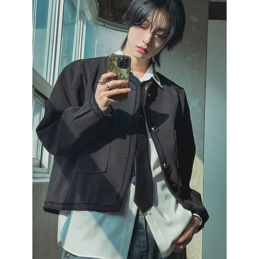 Unisex Round Neck Button-Up Tweed Jacket