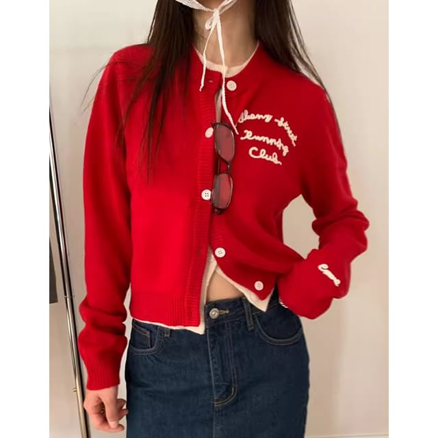 Round Neck Lettering Embroidered Mock Two Piece Cardigan