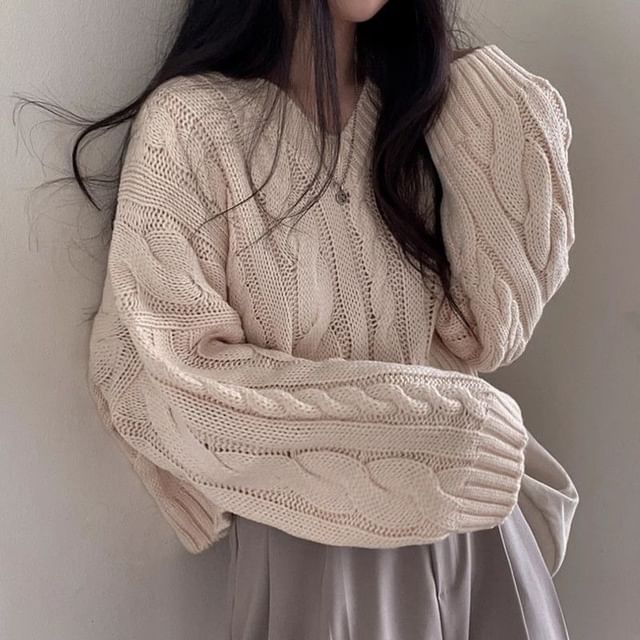 V-Neck Cable-Knit Cropped Jumper Sweater