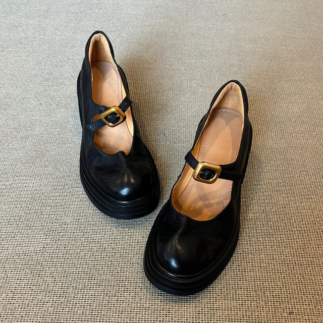 Leather Shoes Faux Heel Buckled Plain Mary Chunky Jane