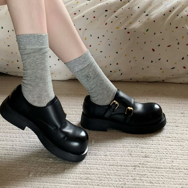 Monk Faux Platform Leather Plain Strap Shoes