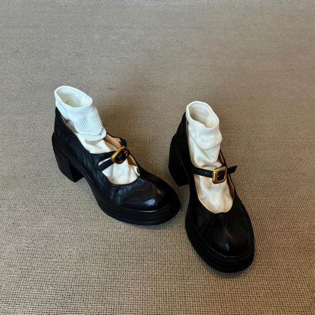 Leather Shoes Faux Heel Buckled Plain Mary Chunky Jane