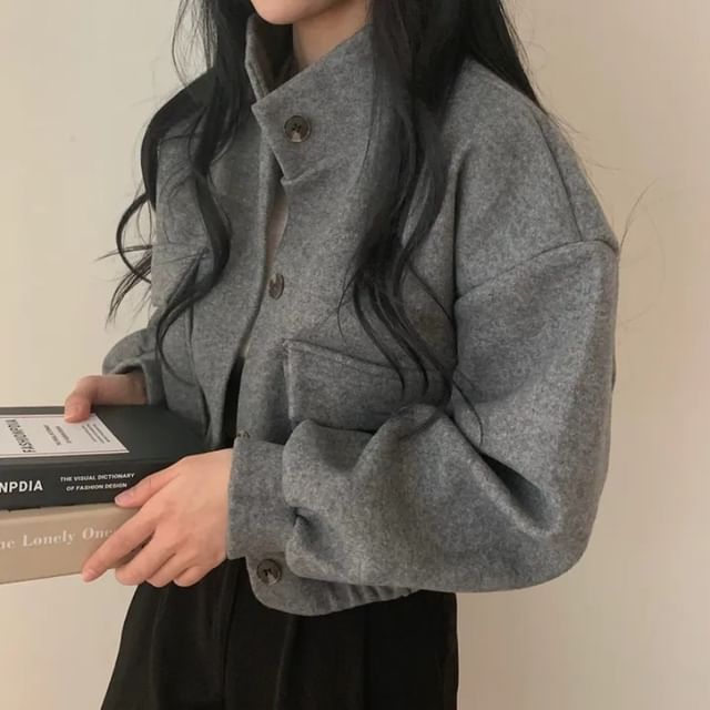 Stand Collar Single-Breasted Woolen Croped Jacket