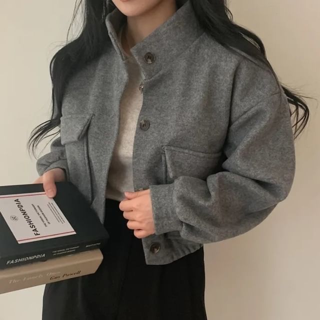 Stand Collar Single-Breasted Woolen Croped Jacket