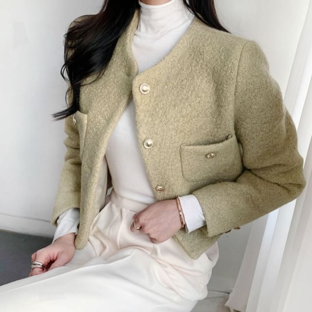 Long Sleeve Round Neck Tweed Cropped Jacket