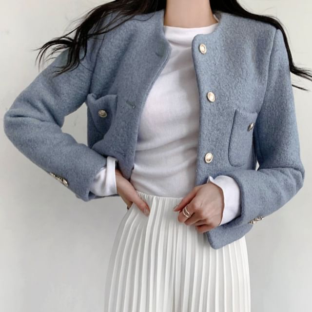 Long Sleeve Round Neck Tweed Cropped Jacket