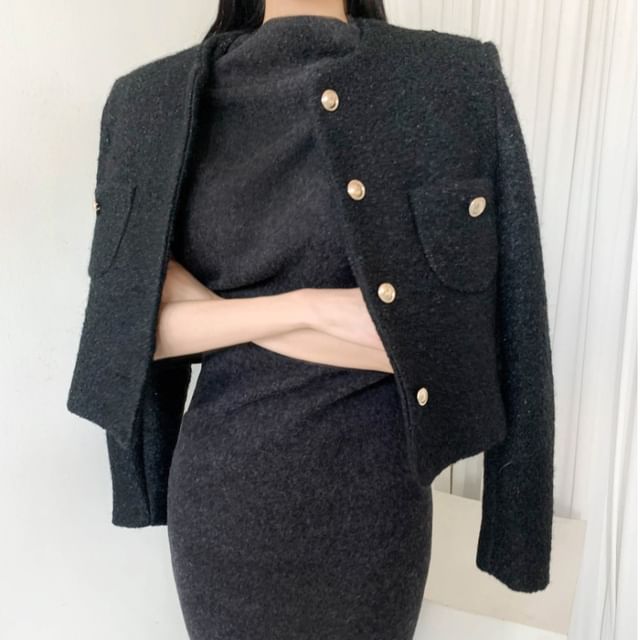 Long Sleeve Round Neck Tweed Cropped Jacket