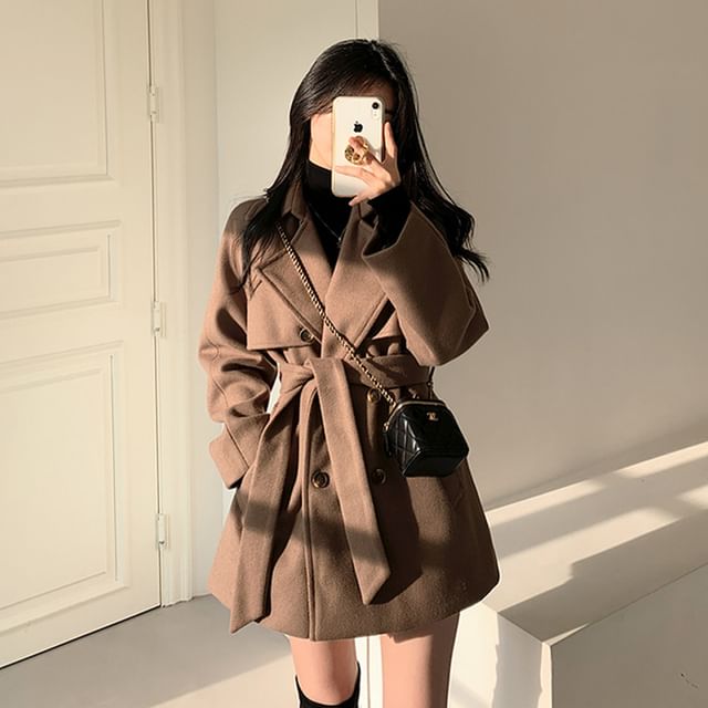 Long Sleeve Lapel Double-Breasted Belted Woolen Blend Coat