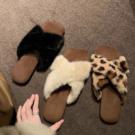 Slide Sandals Band Fluffy Cross